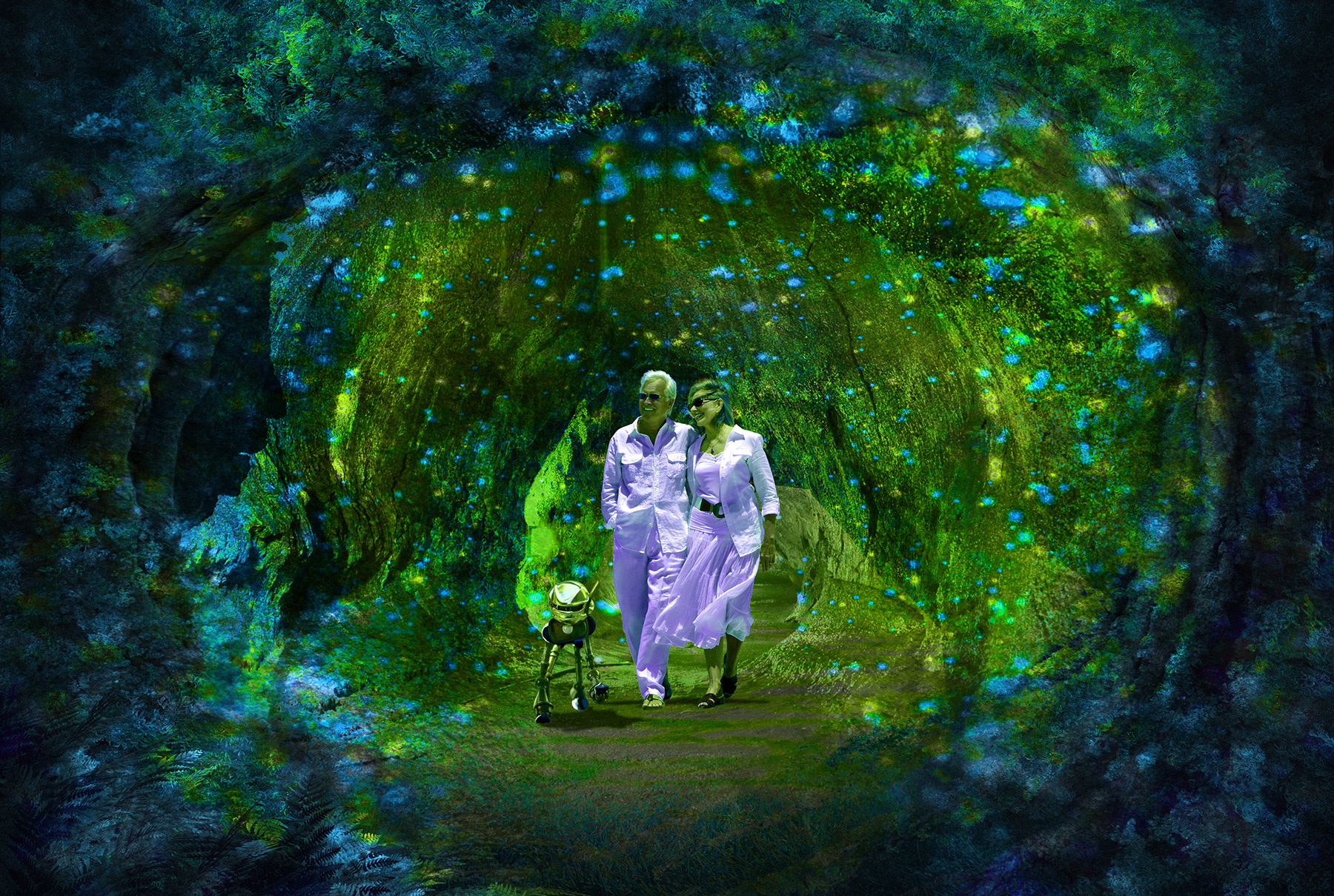couple with robot dog, lava tunnel